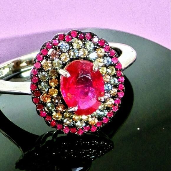 925 Sterling Silver Ring Sz 7.75 with Natural Oval Ruby & Myanmar Sapphire - Picture 9 of 12